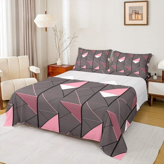 Manfei Abstract Sqare 4-Piece Full Size Sheets,Geometric Triangle Bed Sheets,Grey Pink Lightweight Sheet Sets,Teenager Bedroom Decor