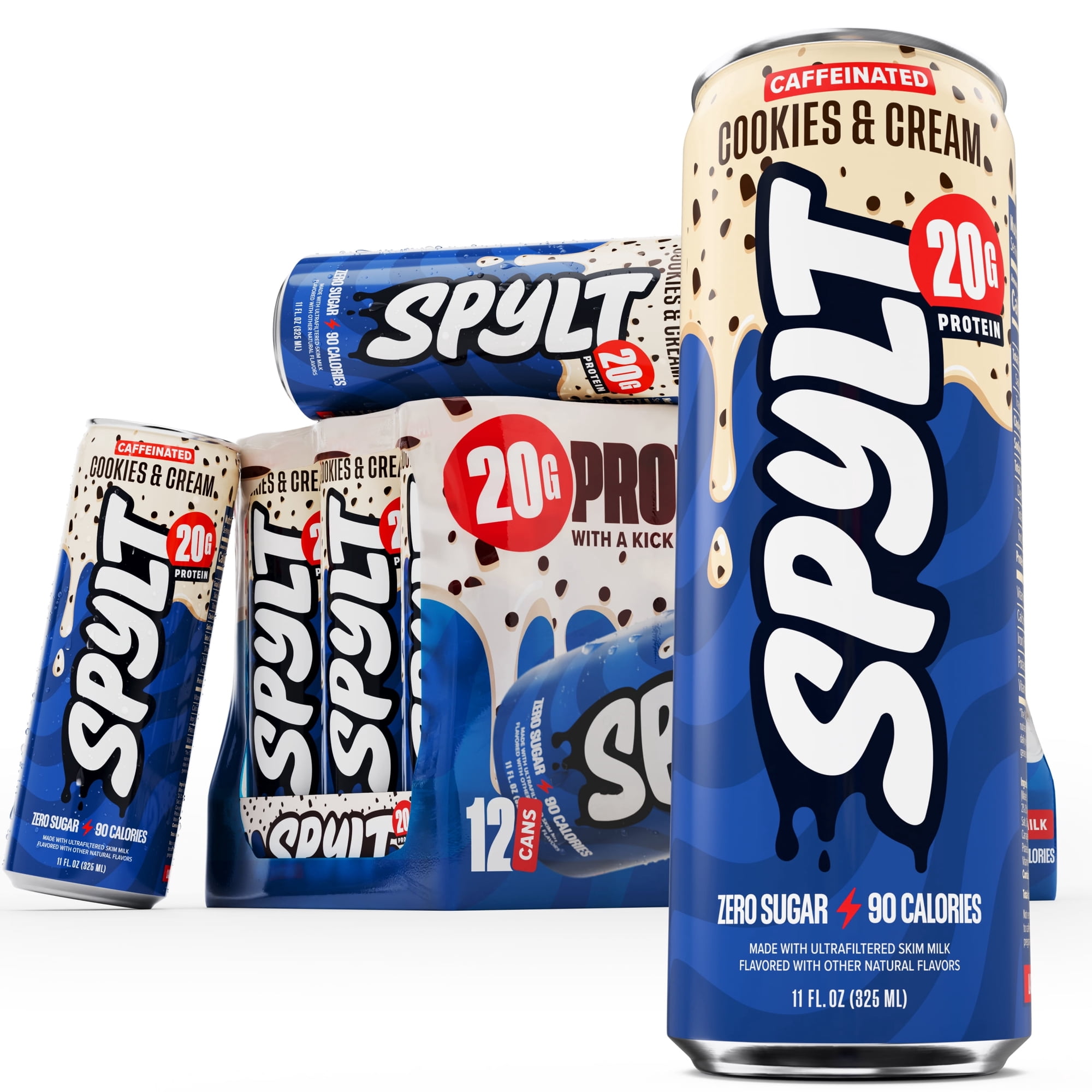SPYLT High Protein Milk, Cookies & Cream, 20g Protein, 60mg Caffeine, Sugar Free, 11 fl oz, 12 Cans
