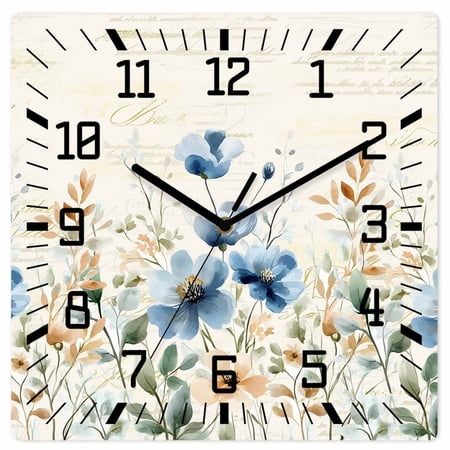 Blue Flowers Rustic Wooden Wall Clock Silent Non Ticking Spring Vintage Botanical Floral Beige Square Wall Clocks Battery Operated Decor Clock for Home Office Living Room Kitchen 10 Inch