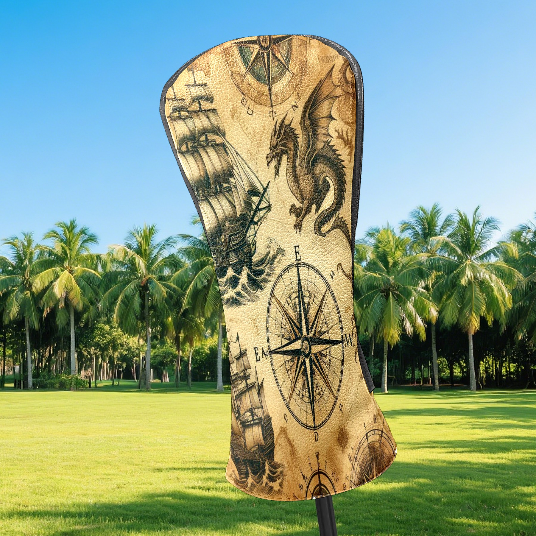 Golf Club Covers, Vintage Brown Sailing Dragon Premium PU Leather Driver Hybrid Putter Head Covers with Velvet Lining, Waterproof Golf Gifts for Men Women