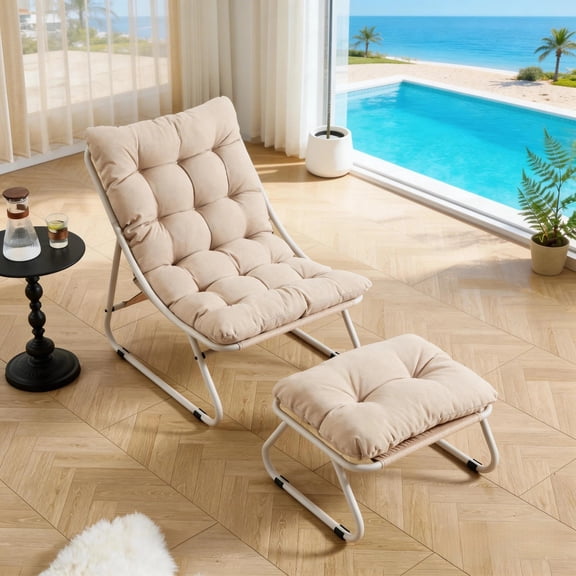 GNIXUU Patio Outdoor Lounge Chair with Ottoman, Comfy Sling Recliner Chairs with Puffy Cushion and Foot Stool, Ideal for Living Room,Porch, Deck Garden, Reading Room, Frame with Cushion,Beige
