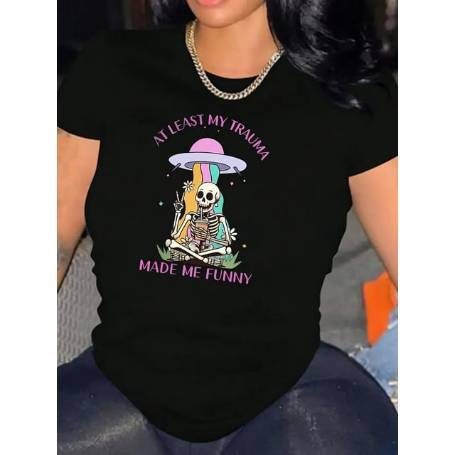 Women Crewneck Print Short Sleeve T-Shirts Summer Tees Loose Fit Graphic TopsWomen's Humorous Skeleton & Rainbow Graphic Tee - Casual Round Neck Short Sleeve, Comfortable Polyester Blend Summer Top