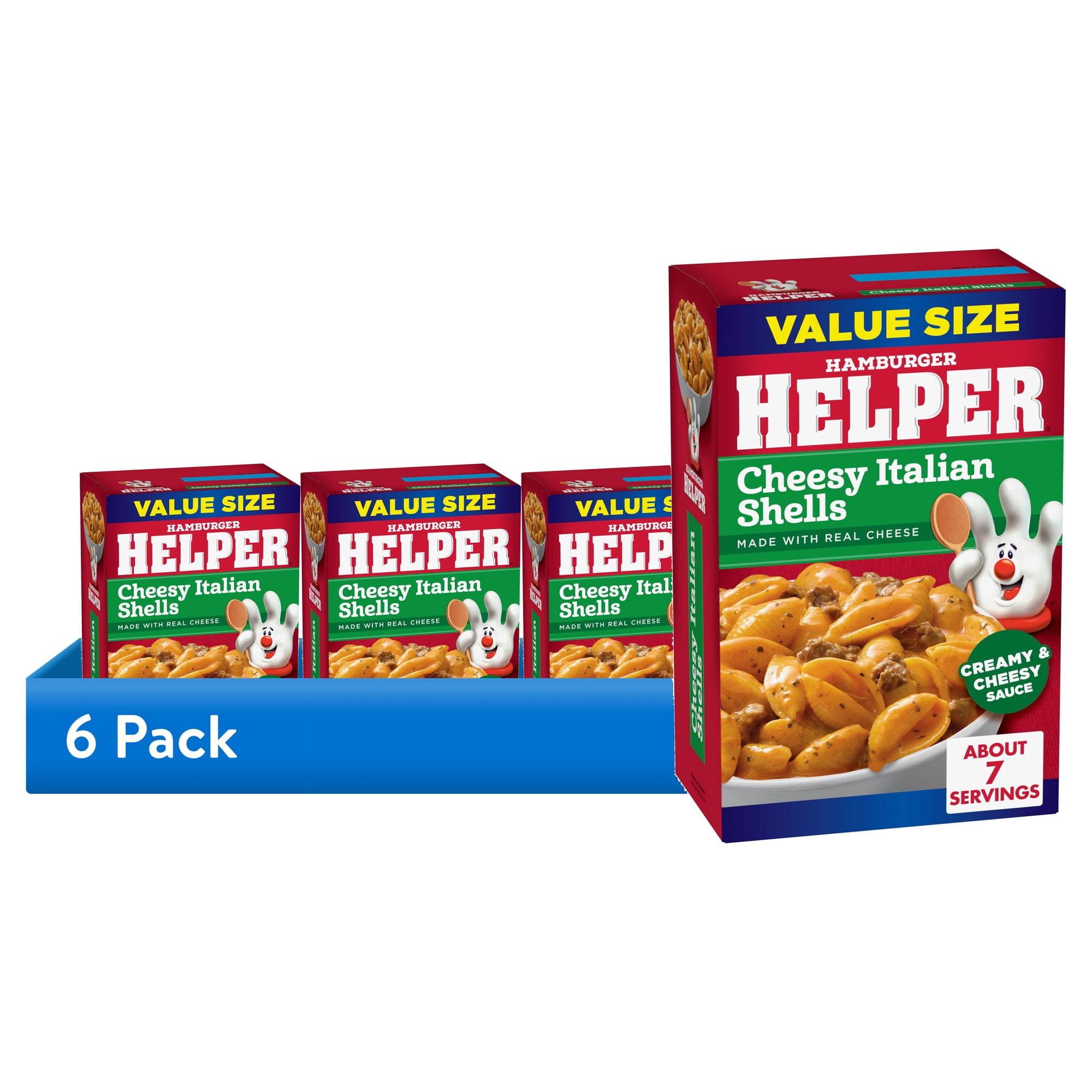 (6 pack) Hamburger Helper Pasta Cheesy Italian Shells Value Size, 9.9 Ounces Box.