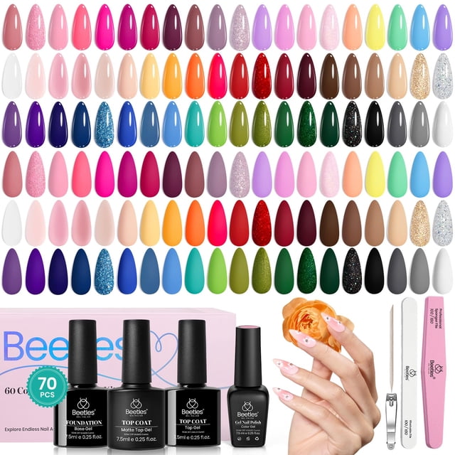 Set de esmaltes de uñas en gel Beetles, 60 colores, con base y capa superior, 70 unidades