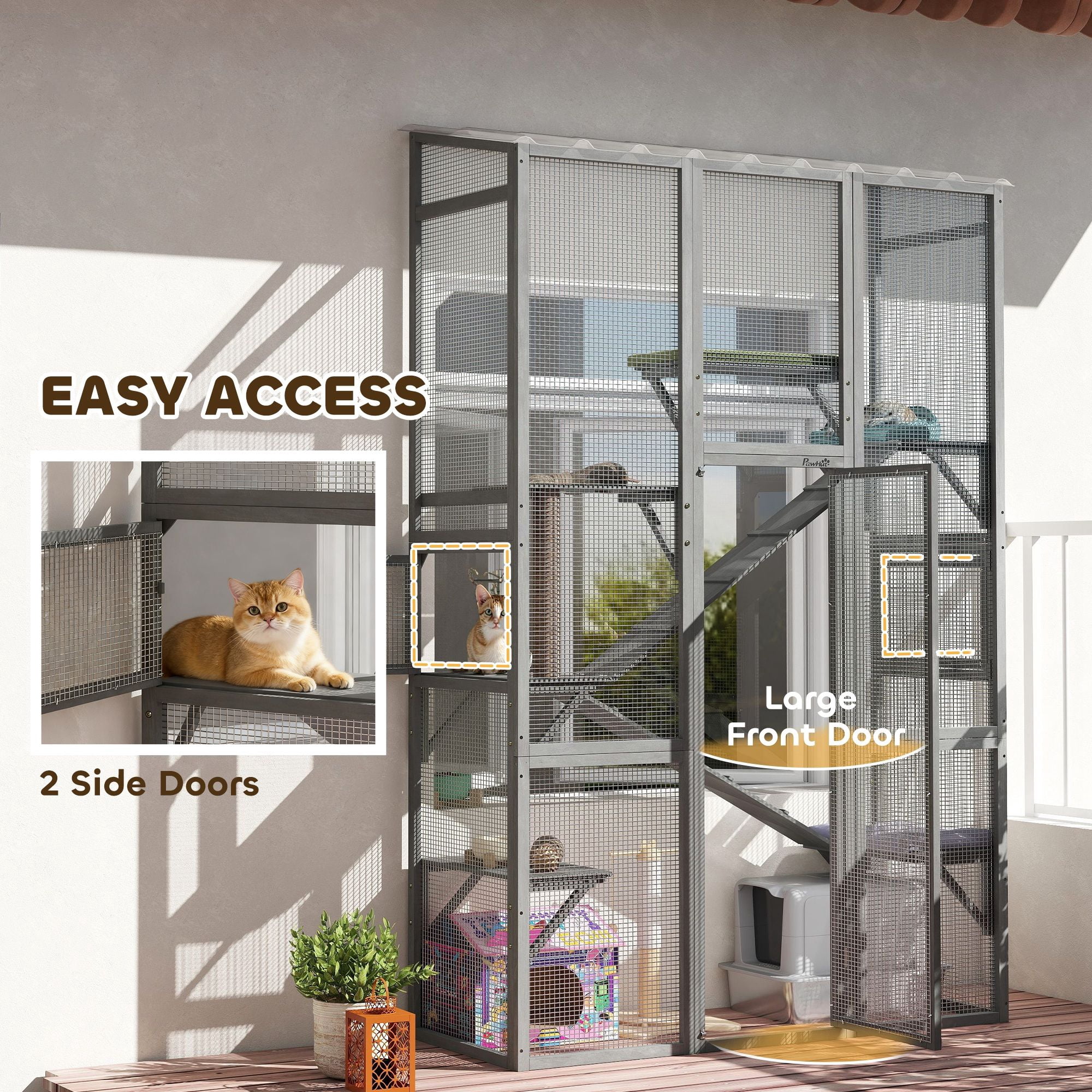 Dranite Outdoor Catio Cat Enclosure, Large Wooden Cat House with 6 Jumping Platforms, Scratching Post, 2 Ramps, for 2-3 Kittens