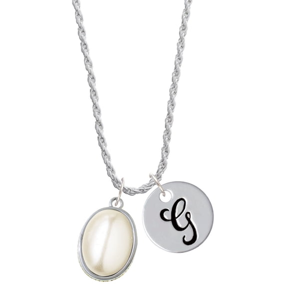 Delight Jewelry Silvertone Small Cream Imitation Pearl Silvertone Script Initial Disc - G - Charm Necklace, 20"+3"