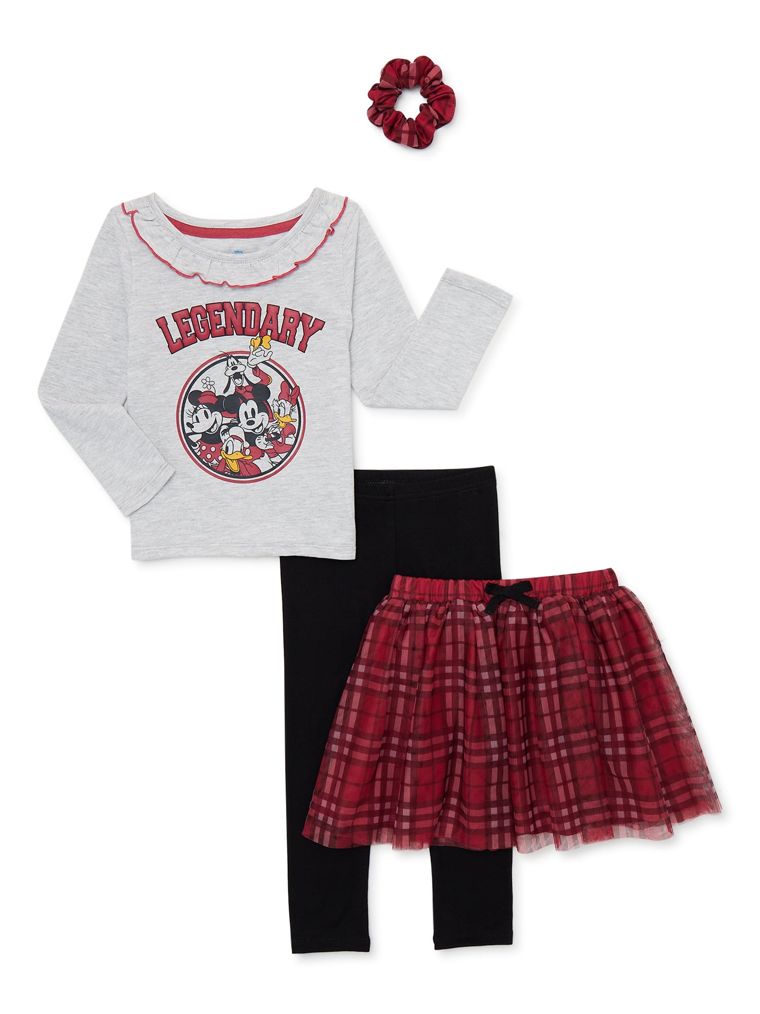 Mickey Mouse Baby and Toddler Girls Long Sleeve Top, Tutu Skirt, Leggings and Scrunchie, 4 Piece Outfit Set, 12M-5T