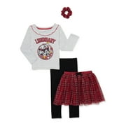 Mickey Mouse Baby and Toddler Girls Long Sleeve Top, Tutu Skirt, Leggings and Scrunchie, 4 Piece Outfit Set, 12M-5T