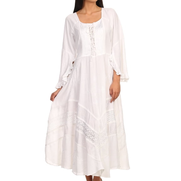 Sakkas Mirabel Stonewashed Corset Style Floral Emboridery Kimono Sleeve Dress - White - L/XL