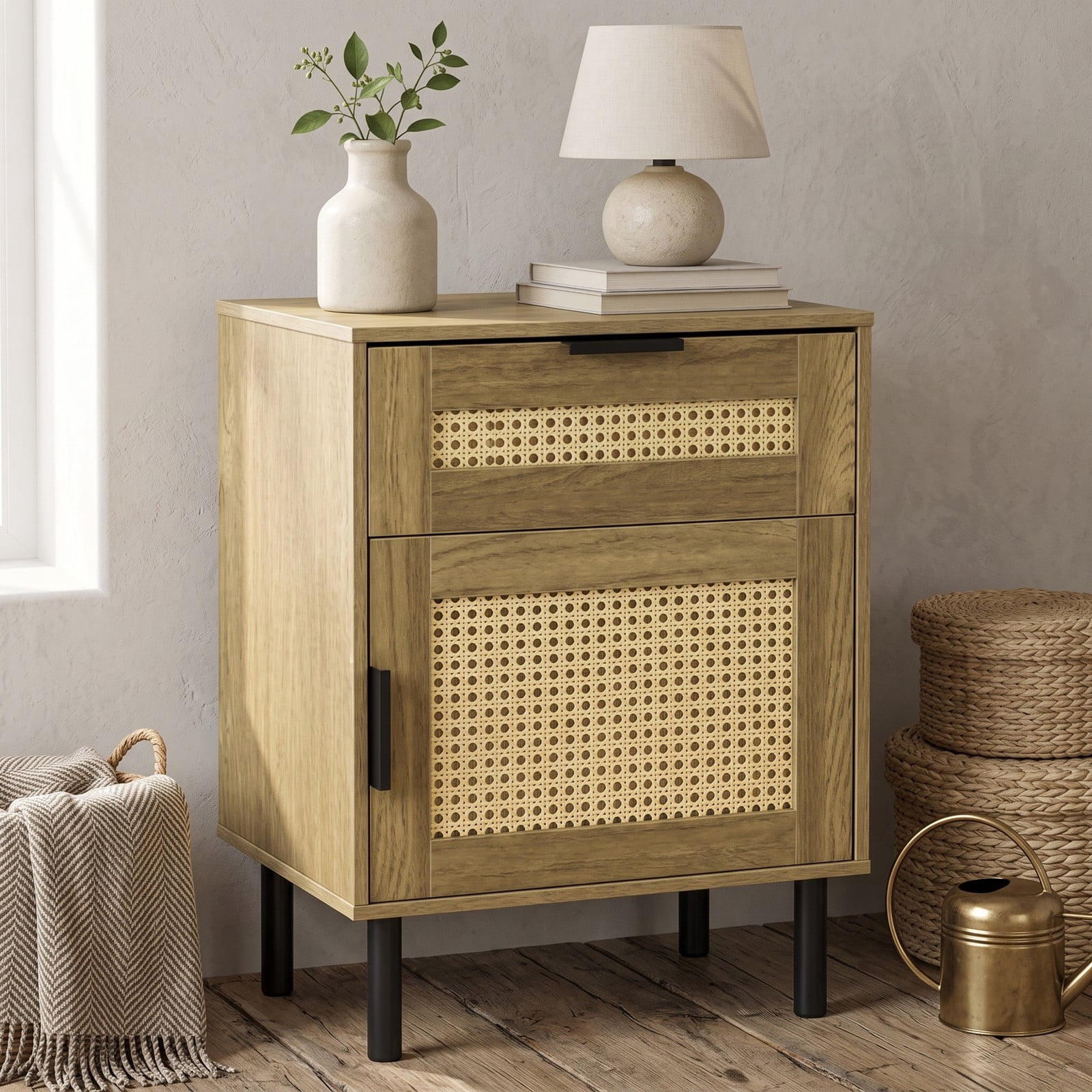 Furnibear Rattan Nightstand with Drawer and Storage Cabinet as a Bedside Table for Bedroom Dorm and Living Room, Natural