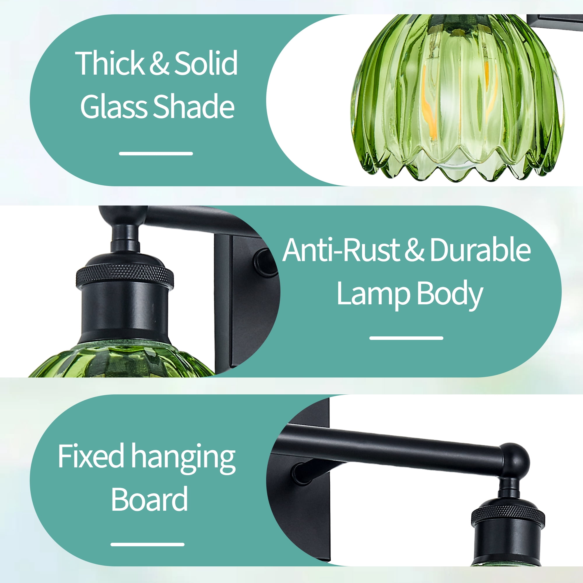 HKMGT 2-Light Black Vanity Light with Green Ribbed Glass,, Reversible Mounting, E26 Base Wall Sconce for Bathroom & Hallway