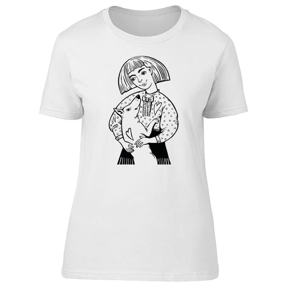 Cute Girl And Dog Cartoon Sketch T-Shirt Women -Image by Shutterstock, Female XX-Large