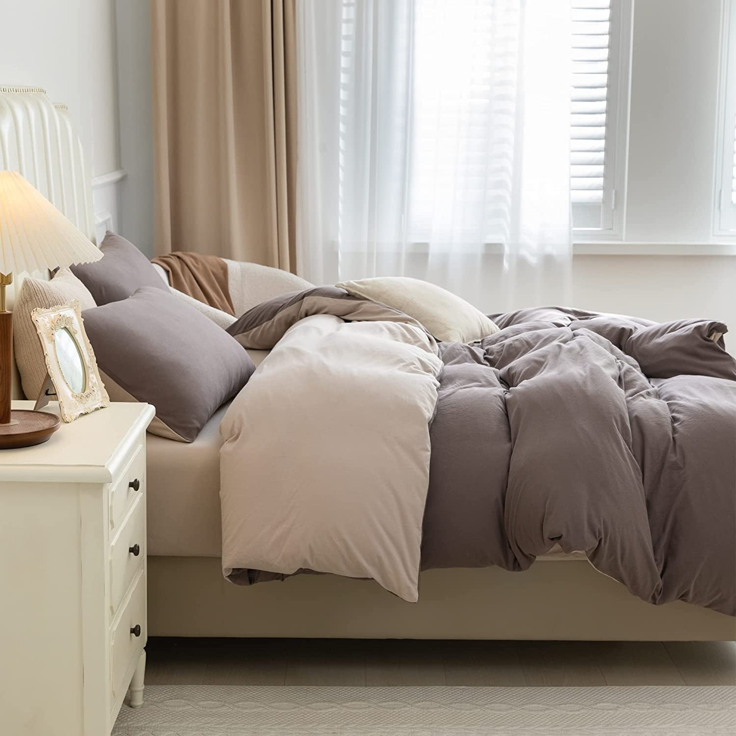 PURE ERA 3pc Duvet Cover Set-Jersey Knit Cotton 100% T-Shirt Cotton-Reversible Cover Super Soft Stretchy-King Size,Solid Brown/Tan