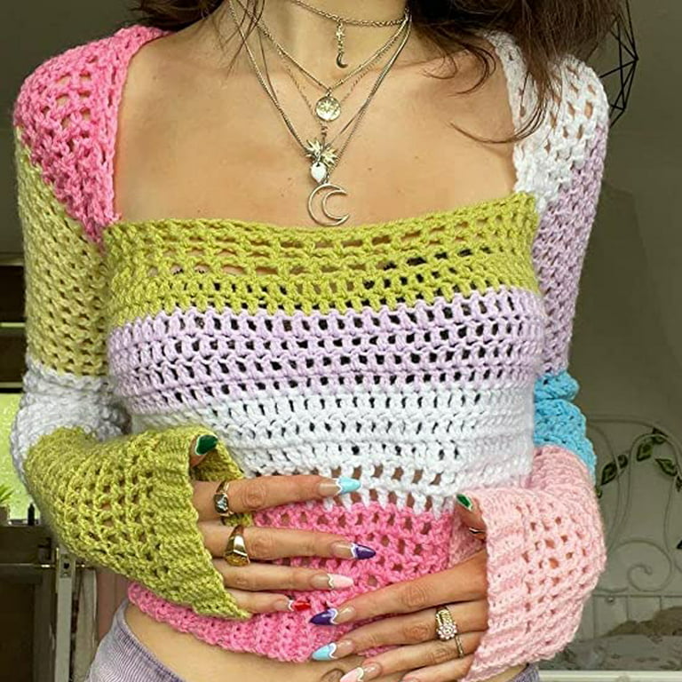 Women Hollow Out Crochet Knit Crop Top Y2k Sweater Color Block Tee Shirt E  Girl Long Sleeve Square Neck Tops