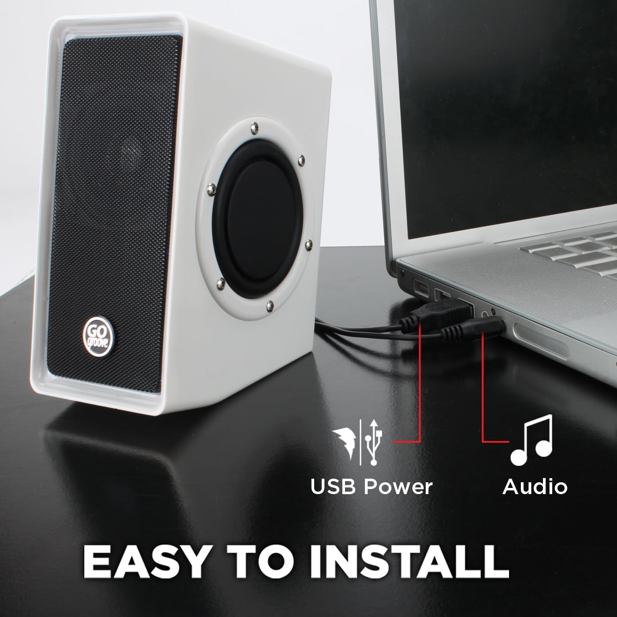 GOgroove SonaVERSE O2i Speakers for PC with AUX Input, Volume Dial, Stereo Audio (White with LEDs)