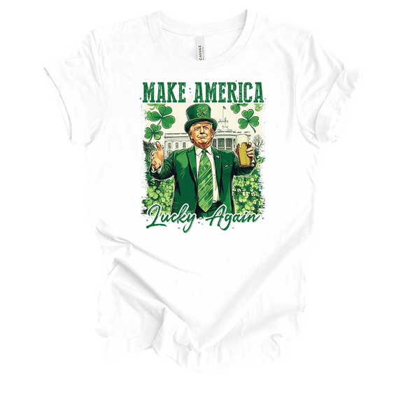 Trenz Shirt Company Women's St. Patrick's Trump Make America Lucky Again Short Sleeve T-Shirt-White-5X-Large