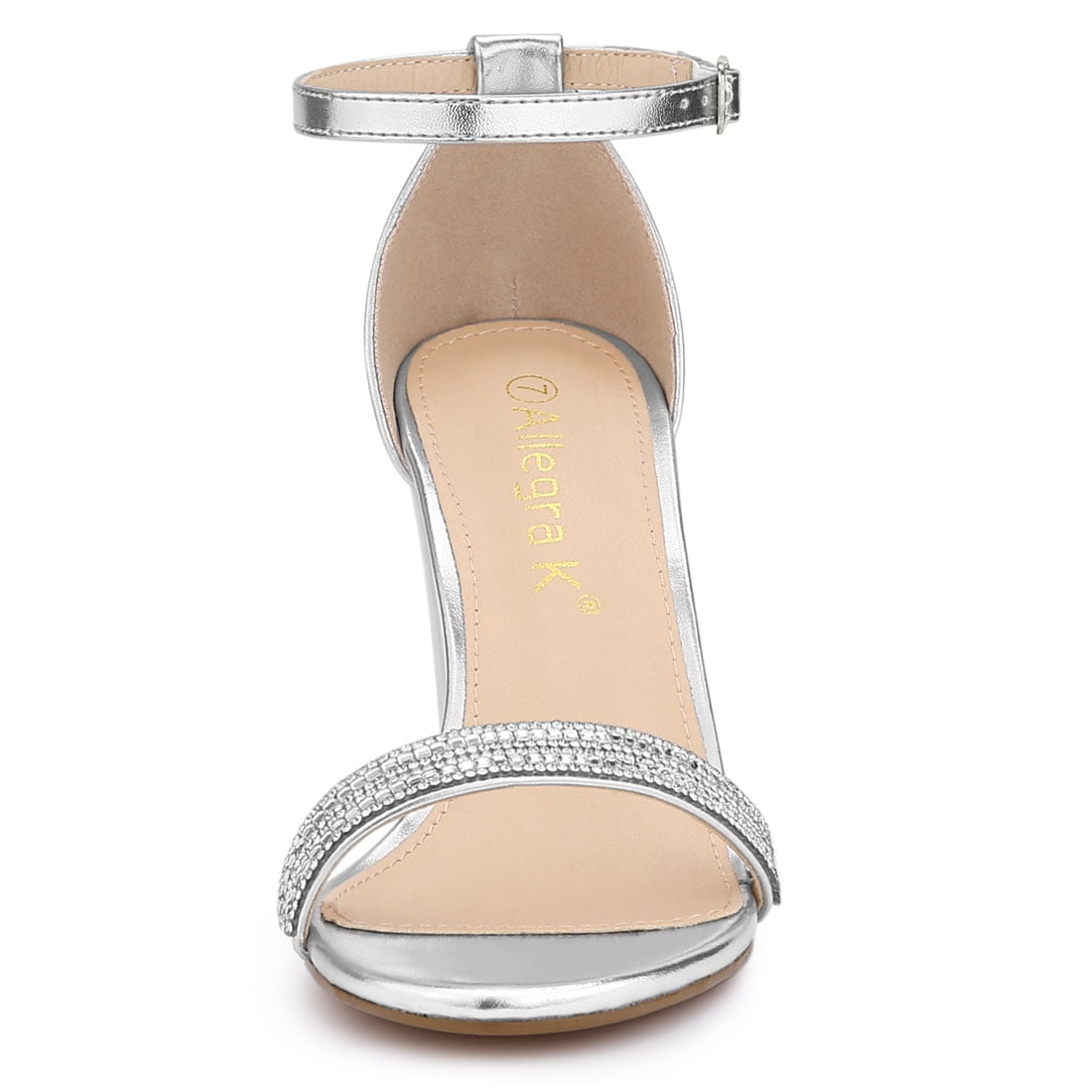 DARING DIVA Women's Rhinestone Ankle Strap Chunky Heels Sandals Silver 6