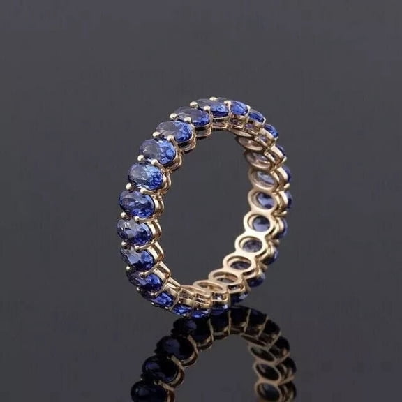 TAAPSEE JEWELS Oval Cut Lab Created Blue Tanzanite Full Eternity Band Ring Women 14K Rose Gold Plated