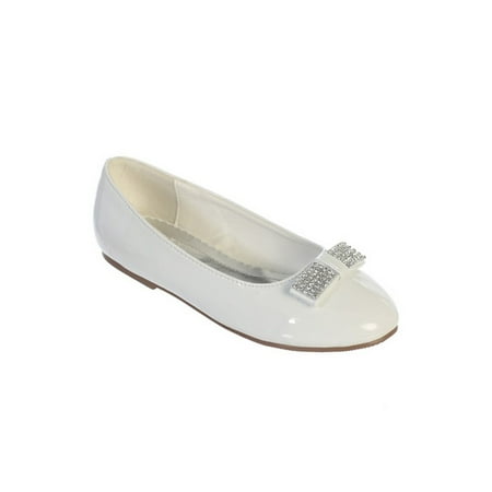 White Leather Rhinestone - Girls White Glitter Rhinestone Bow Accent Patent Leather Flats