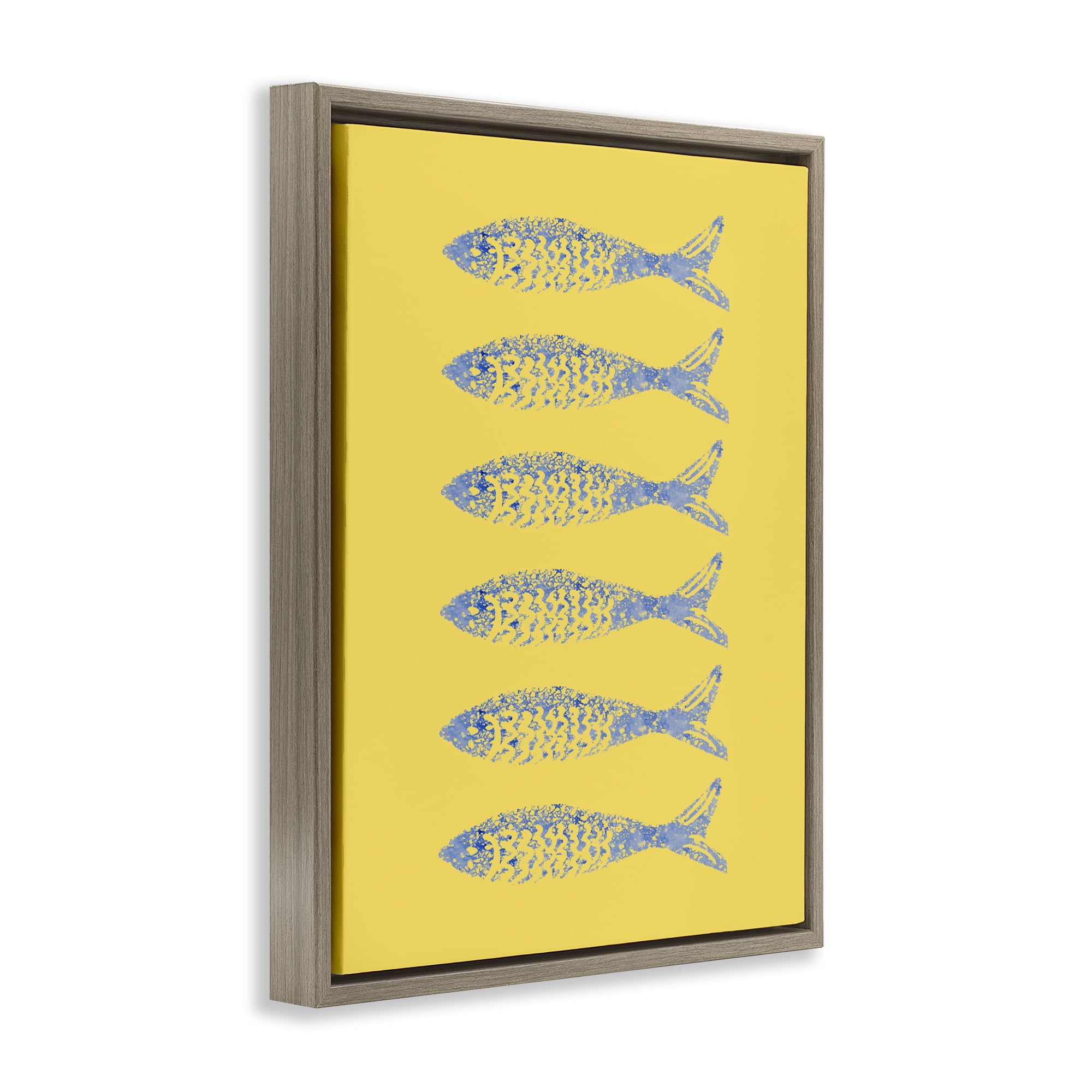 Stupell Industries Sardine Stamps on Yellow Brown Framed Floater Canvas Wall Art, design by Julie DeRice