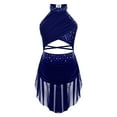 thumbnail image 3 of TiaoBug Robe de Danse Lyrique pour Filles Jupe Asymétrique à Sequins Col Licou Justaucorps de Patinage Artistique Bleu Marine 10, 3 of 6