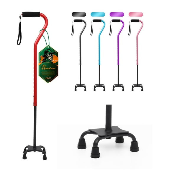 Bastón BeneCane Quad Cane ajustable con mango acolchado suave y desplazado para hombres y mujeres. Ligero y cómodo con patas de 4 puntas para mayor estabilidad (rojo).