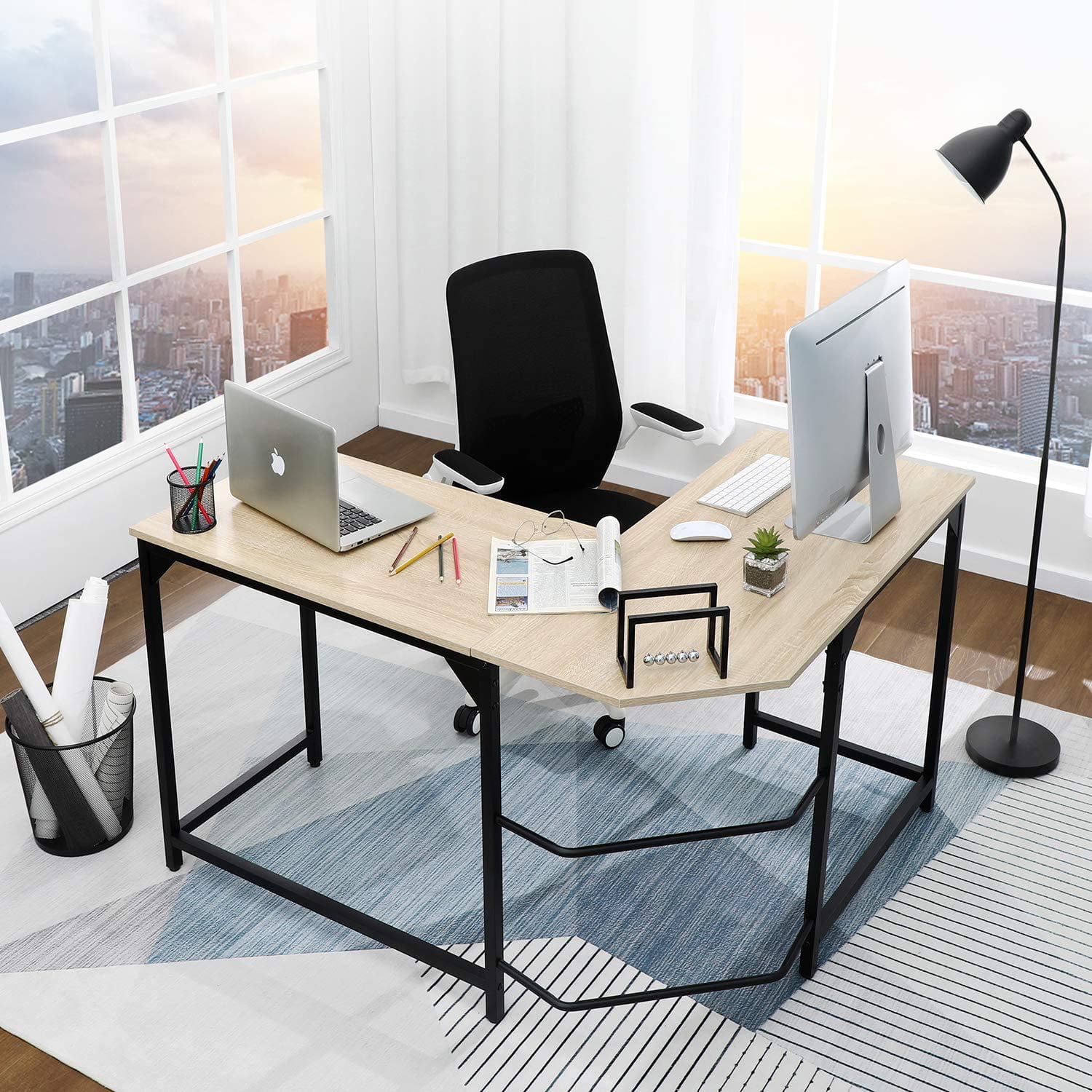 Beech Metal and Wood Corner Homy Casa Inc L Shaped Industrial Writing Workstation Table for Home Office Study Computer Desk