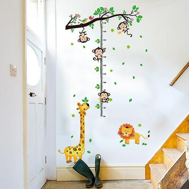 Pegatinas de pared Árbol con animales Monos Tabla de medición de crecimiento de altura Pegatinas decorativas Jirafa León Decoración de la pared para habitación de niños Bebé Guardería Li