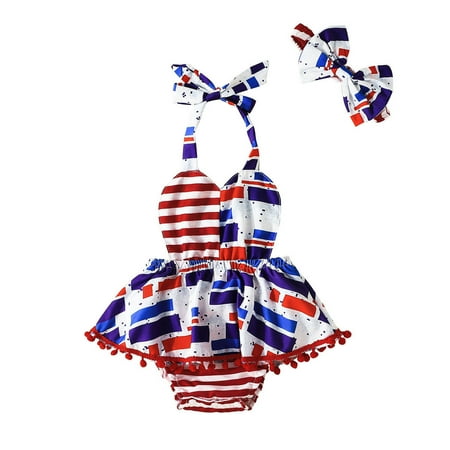 

IROINNID Infant Girl s Fashion Stripe Bow Romper Jumpsuit Headdress Suit Sleeveless USA Flag Prints One-Piece Jumpsuit