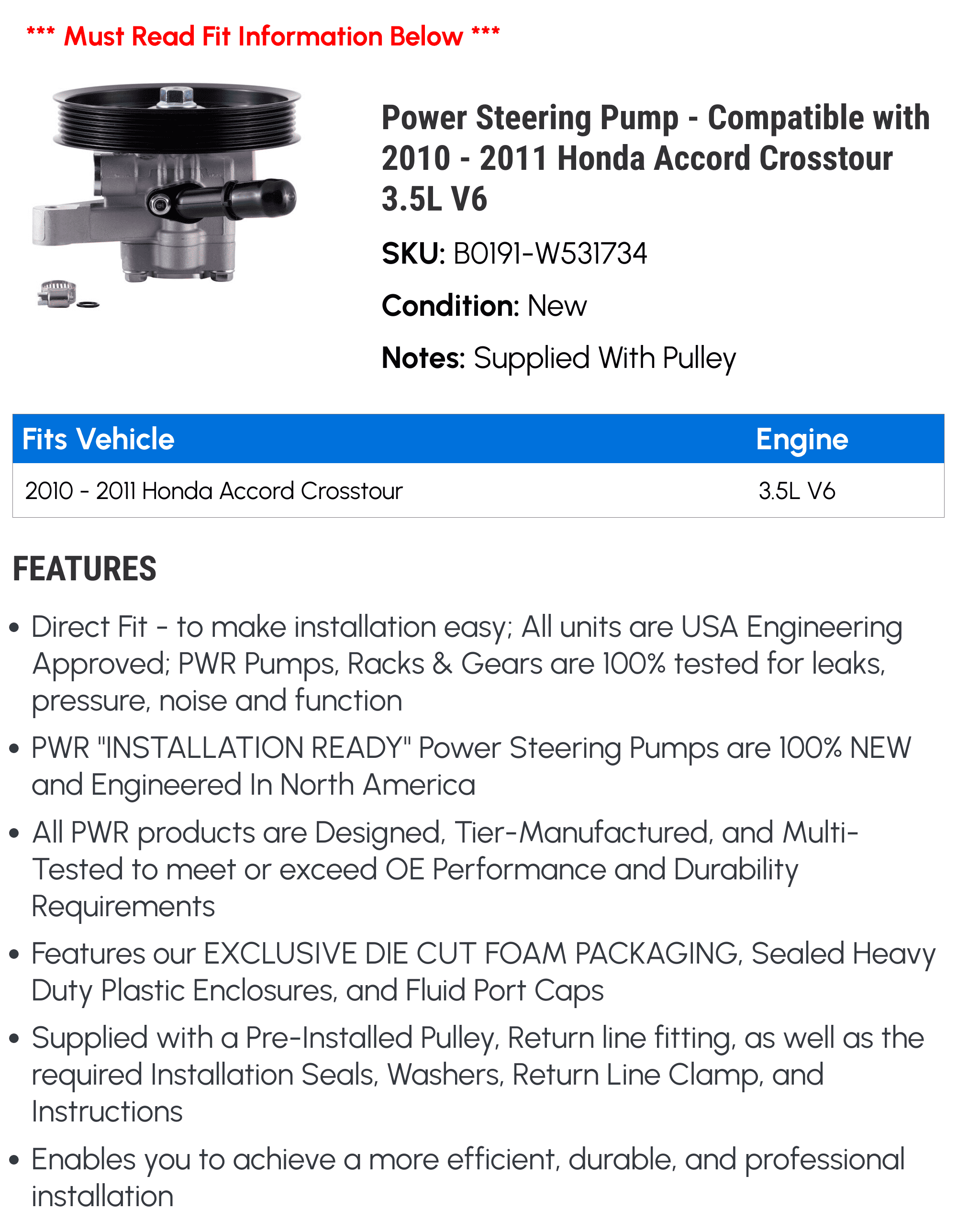 Power Steering Pump - Compatible with 2010 - 2011 Honda Accord Crosstour 3.5L V6
