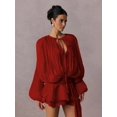 thumbnail image 6 of Elegant Ruffle Short Dress for Women Pleated Lantern Long Sleeve Lace Up Tie Waist Bohemian Beach Dresses Wine Red M, 6 of 8