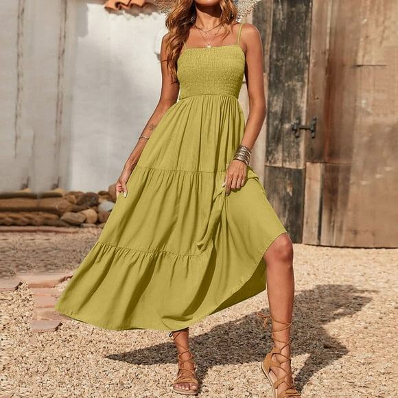 Womens Dress Clearance Women'S Bohemian Spaghetti Strap Smocked Tiered Long Beach Sun Dresses Sleeveless Solid Maxi Dress Yellow Xxxxxl