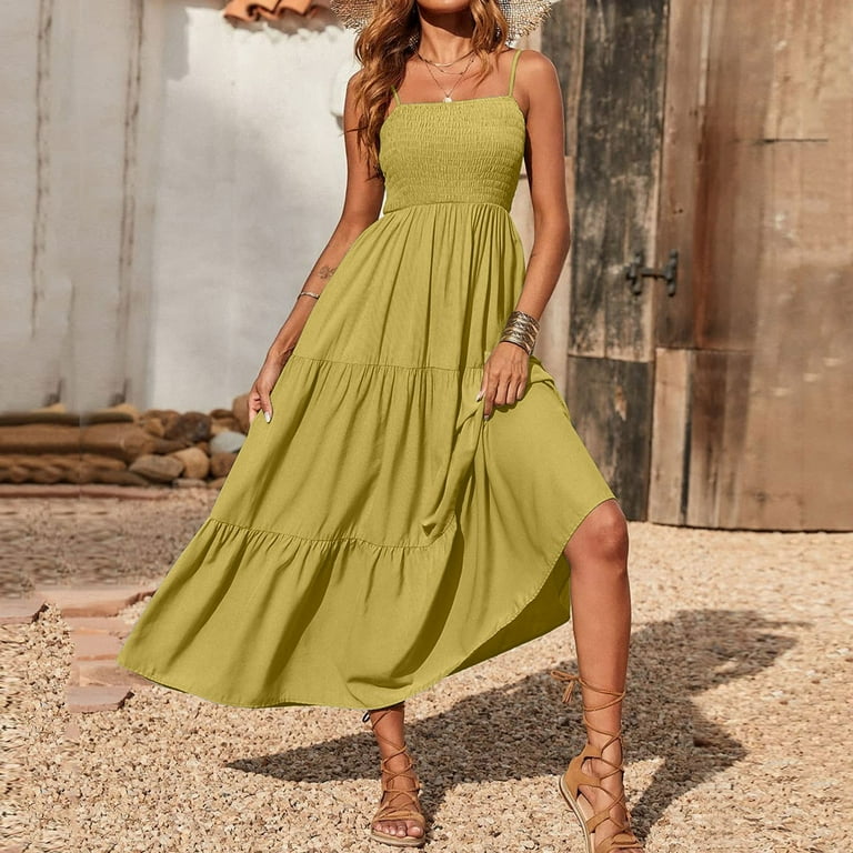 Womens Smocked Long Summer Dress Spaghetti Strap Sleeveless Ruffle Tiered Elastic Cute Casual Long Maxi Dresses 4X Large Yellow Walmart