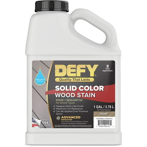 DEFY Solid Color Wood Stain Sealer - Deck Paint and Sealer for Decks, Fences, Siding, Outdoor Wood Furniture, & All Exterior Wood Types - Taupe, 1 Gallon
