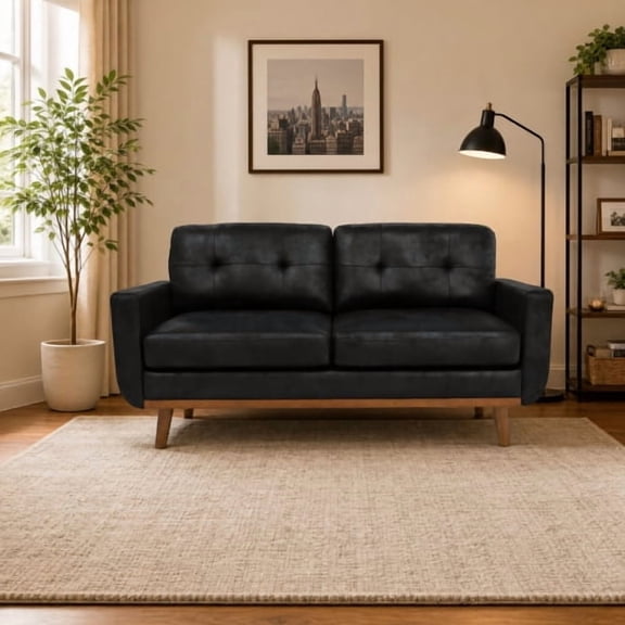 MOONMISS 65" Loveseat Couch, Modern Small Sofa With Walnut Wood Legs 2-seater Fabric Upholstered Mini Sofa Couches For Small Space,living Room Bedroom Office Dorm Apartment,Black