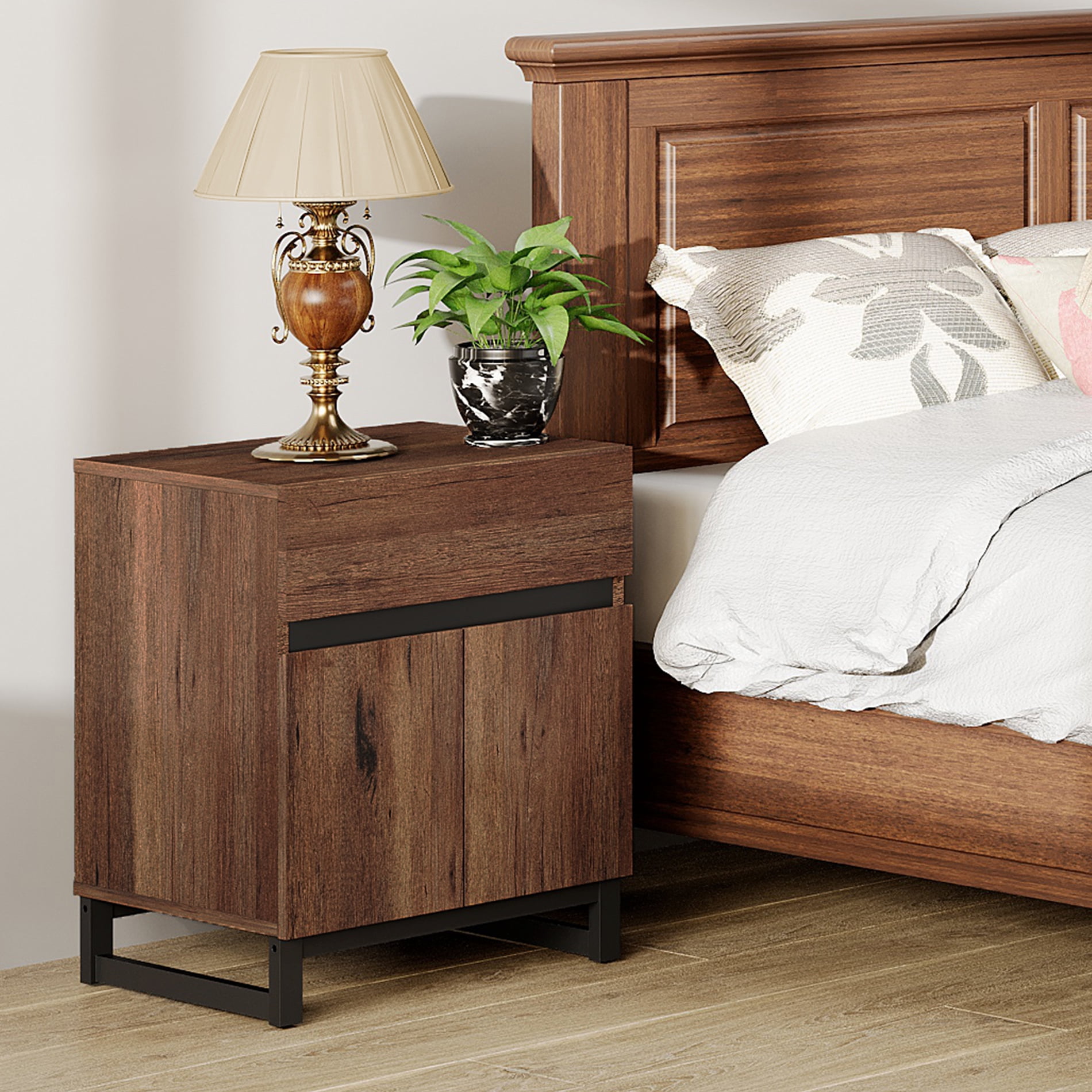 WAMPAT 2 Pack Nightstand with 1 Drawer & 1 Storage Cabinet, Modern Bedside Table with 2 Open Doors for Bedroom, Wood Rustic Side End Table for living Room.
