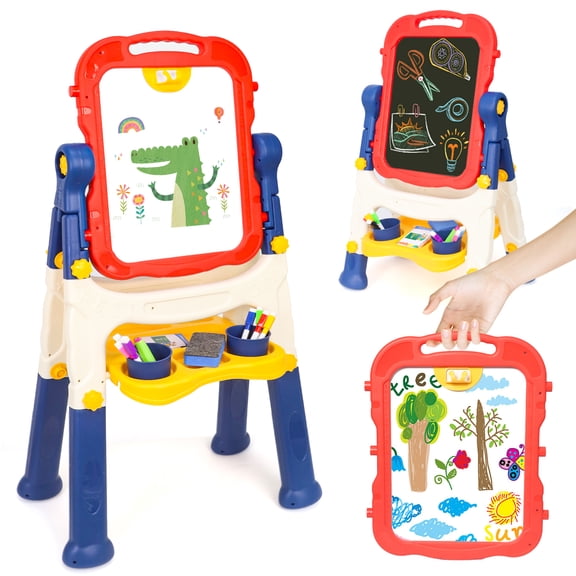 Kids Easel for Toddlers Age 3 , Art Magnetic White Board & Chalkboard Double Side Adjustable Stand, Drawing Writing Learning Educational Toy for 3 4 5 Year Boys Girl Birthday Gifts, Blue