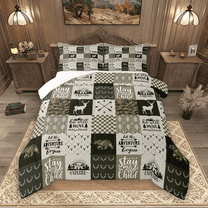 Manfei Wild Moose Deer Queen Comforter Set 3 Pieces, Rustic Lodge Cabin Farmhouse Bedding Sets, Green Brown Plaid Checkered Bedding Comforter Set, Lightweight Room Decor