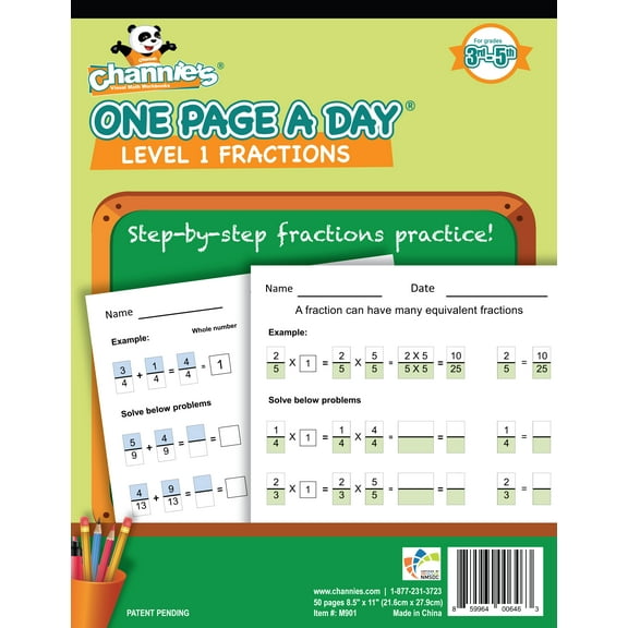 Channie's One Page A Day Workbook, Beginner Fraction Math Practice Worksheets, 50 Pages, 8.5" x 11"