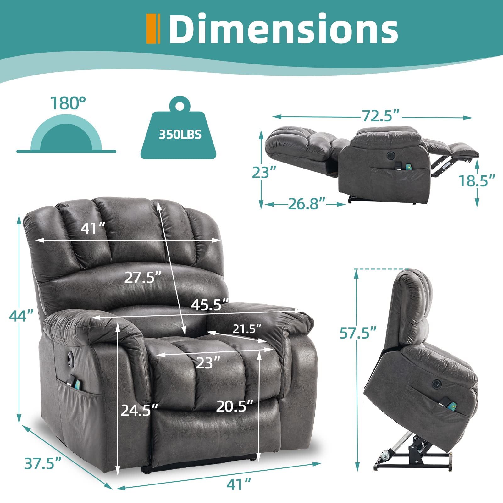 MEETWARM Large Dual OKIN Motor Power Lift Recliner Chair for Elderly Big Man, Lay Flat Sleeper Electric Recliner with Massage and Heat, Infinite Position/2 Remote Controls/USB Port/Side Pockets(Gray)