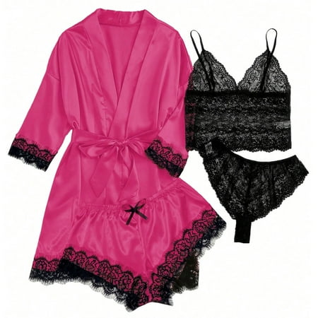 Levmjia Women s Pajama Sets Pajama Tops and Pajama Bottoms 4-Piece Women Sexy Garter Lingerie Set Robes Lace Bodysuit Deep-V Neck Underwear