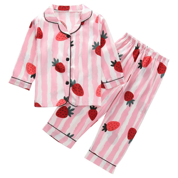 Odeerbi 1-8 Años Niños Niñas Pijama de Satén Con Solapa Entallada Camisa de Manga Larga Pantalones Conjunto de Dos Piezas Pijama