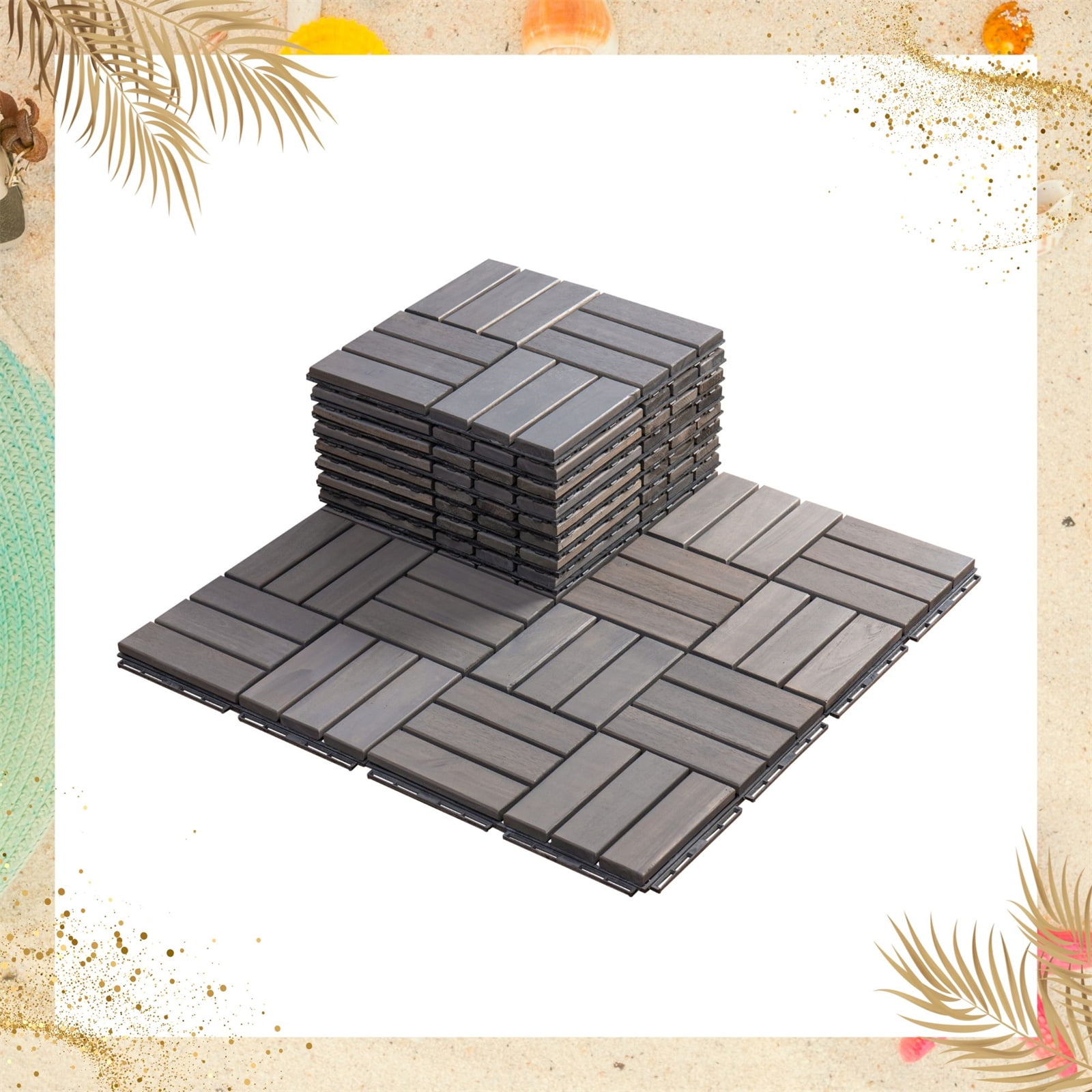 Acacia Wood Interlocking Patio Deck Tiles (Pack of 10, 12" x 12
