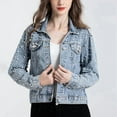 thumbnail image 4 of Women'S Pearl Denim Jacket Cropped Rhinestones Jean Jacket Coat Light Blue XXL, 4 of 7