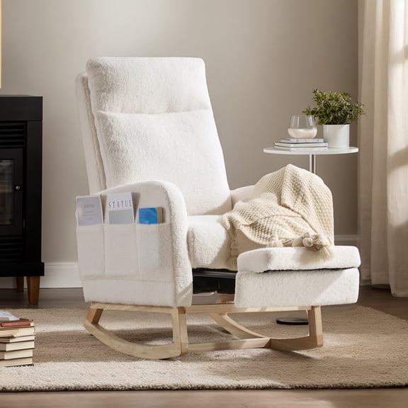 Resenkos Modern Rocking Chair with Wood Legs, Upholstered Glider, Comfy Armchair with Pocket, High Backrest, White