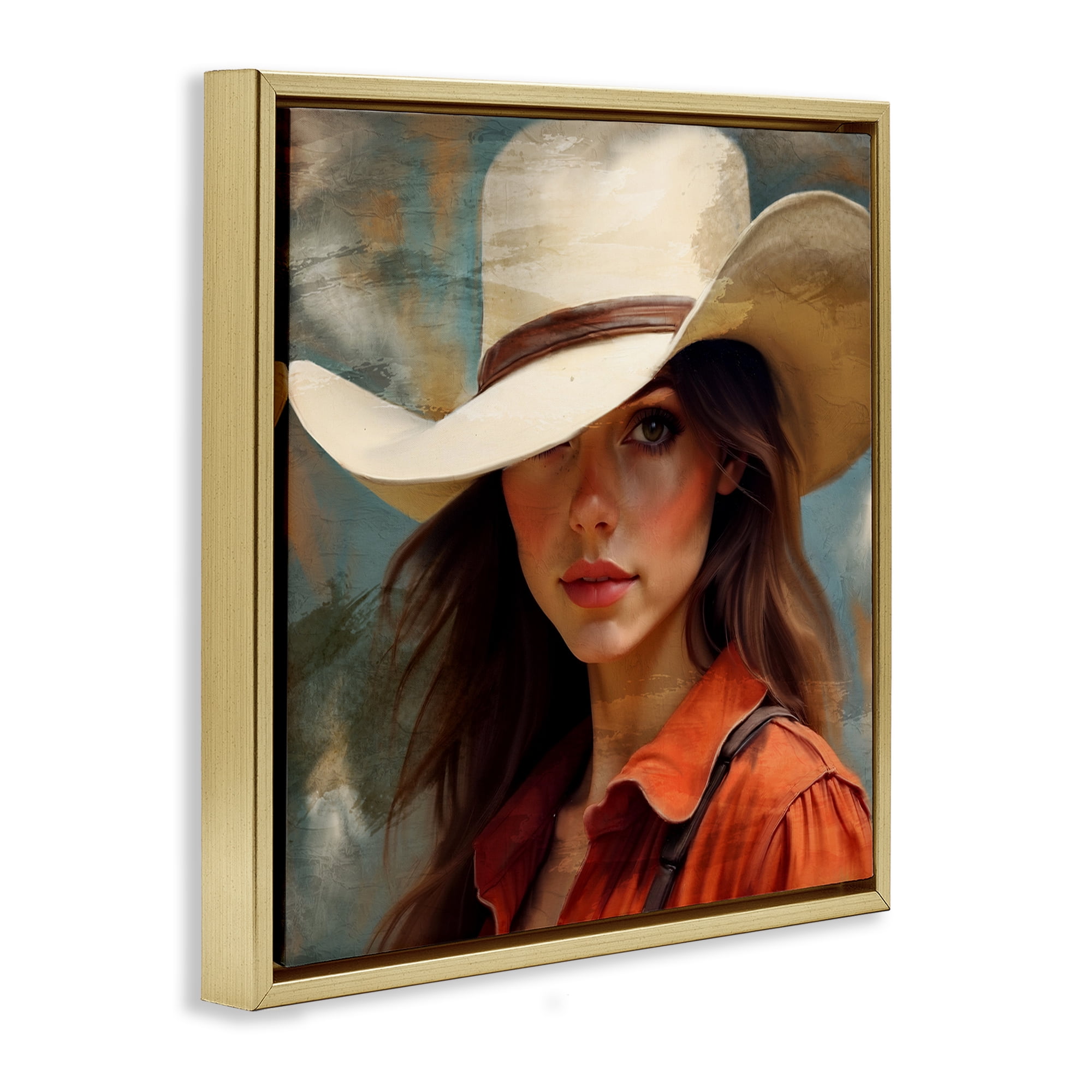 Cowgirl Gaze Beneath Hat Gold Framed Floater Canvas Wall Art, design by Kim Allen