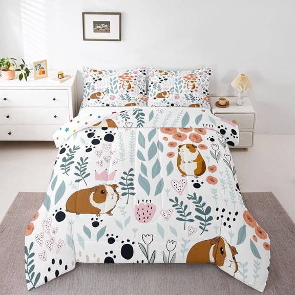 Kawaii Guinea Pig Bedding Set,Cartoon Guinea Pig Comforter Set Twin,Cute Love Heart Leaf Flower Comforter Set ,Paw Print Animals Quilt Duvet Insert with 1 Pillow Case