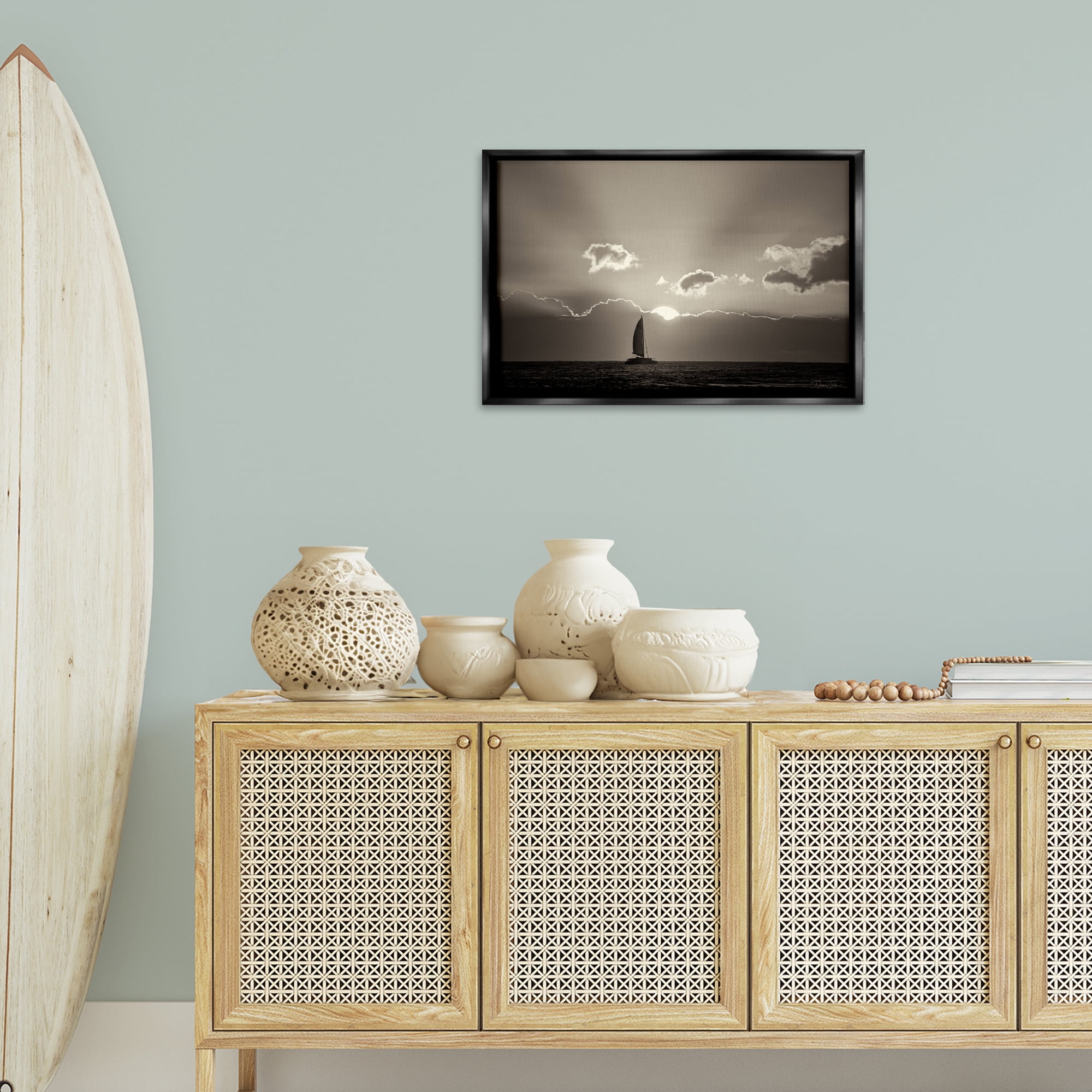Stupell Industries Sun Peeking Over Boat Landscape & Nature Photography Black Floater Framed Canvas Art Print Wall Art, 25 x 17
