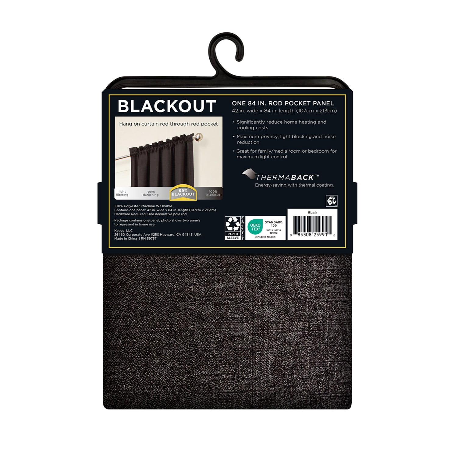 Eclipse Samara Solid Blackout Curtains, Single Curtain Panel, 84 Inch Long Blackout Curtains, 42" W x 84" L, Black