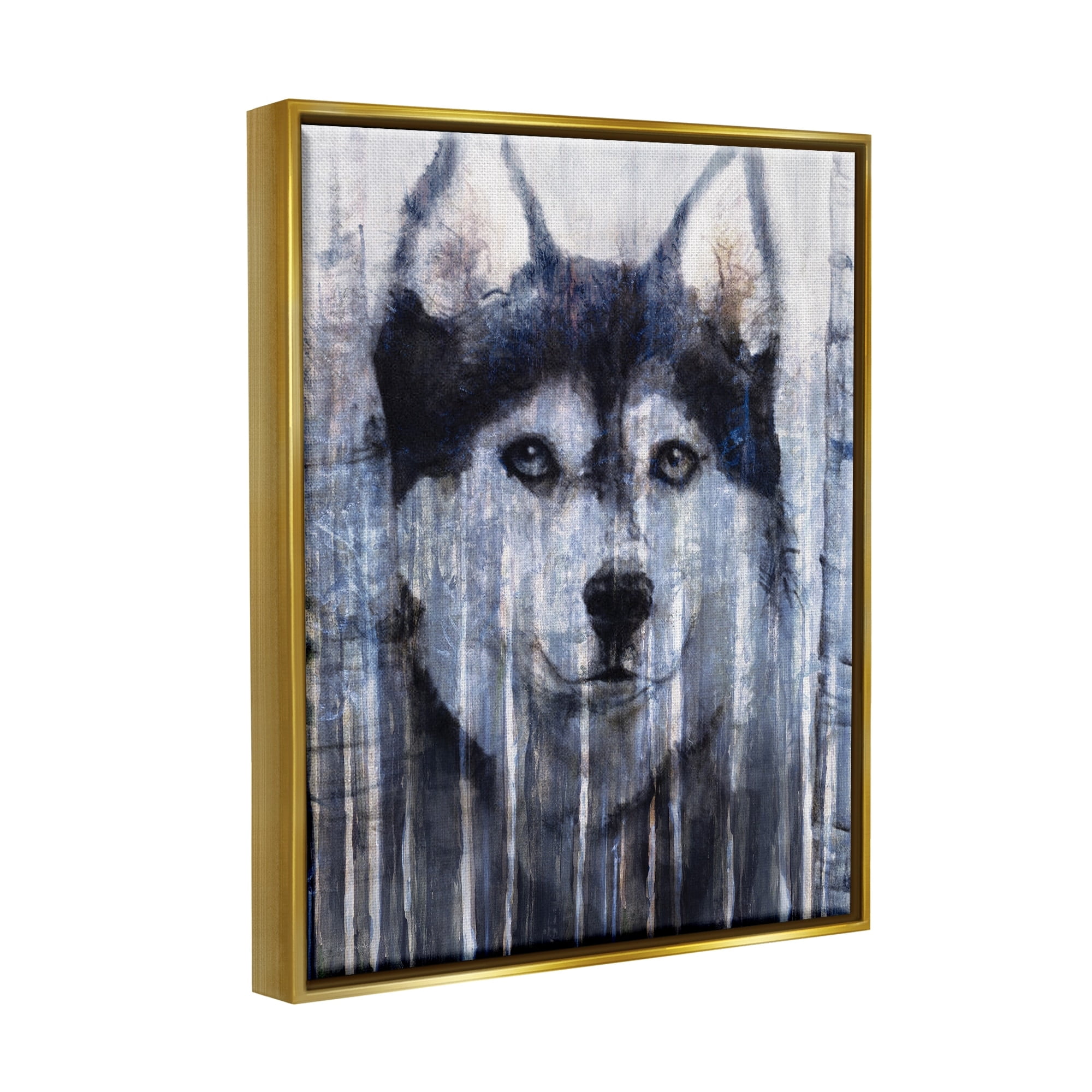 Stupell Industries Smiling Husky Dog Rustic Birch Tree Overlay Graphic Art Metallic Gold Floating Framed Canvas Print Wall Art, Design by Kamdon Kreations